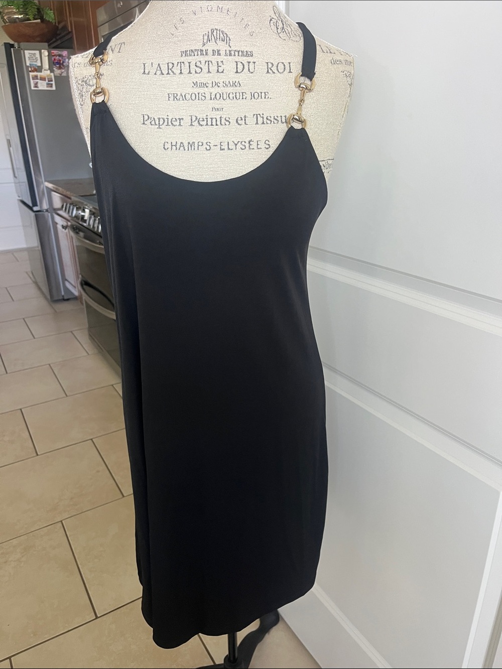 EUC Boston proper black shift tank midi dress. Gold horsebit hardware. Medium